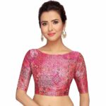 Studio Shringaar Women's Pink Printed Saree Blouse with Elbow Length Sleeves Online in India