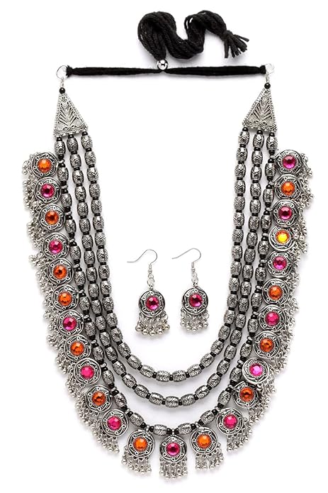 Oxidised Silver Tribal Necklace Jewellery Set for Women (12164s), Multicolour One Online on Amazon in India