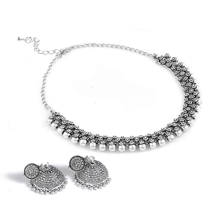 Paradise Jewels Trendy Oxidised Silver Jewellery Adjustable Choker Set with Earrings Online on Amazon in India