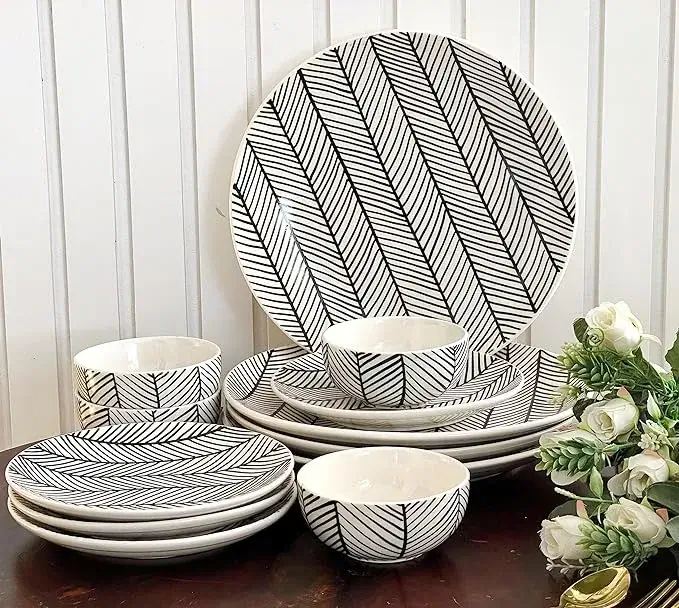 Buy Praahi Lifestyle Handpainted Black & White Chevron Ceramic Dinner Set Online in India - Amazon finds