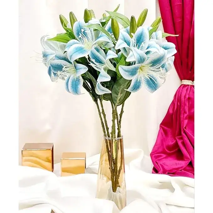 SATYAM KRAFT 3 Head Blue Lily Artificial Flowers Stick for Gifting & Home Decor on Amazon India