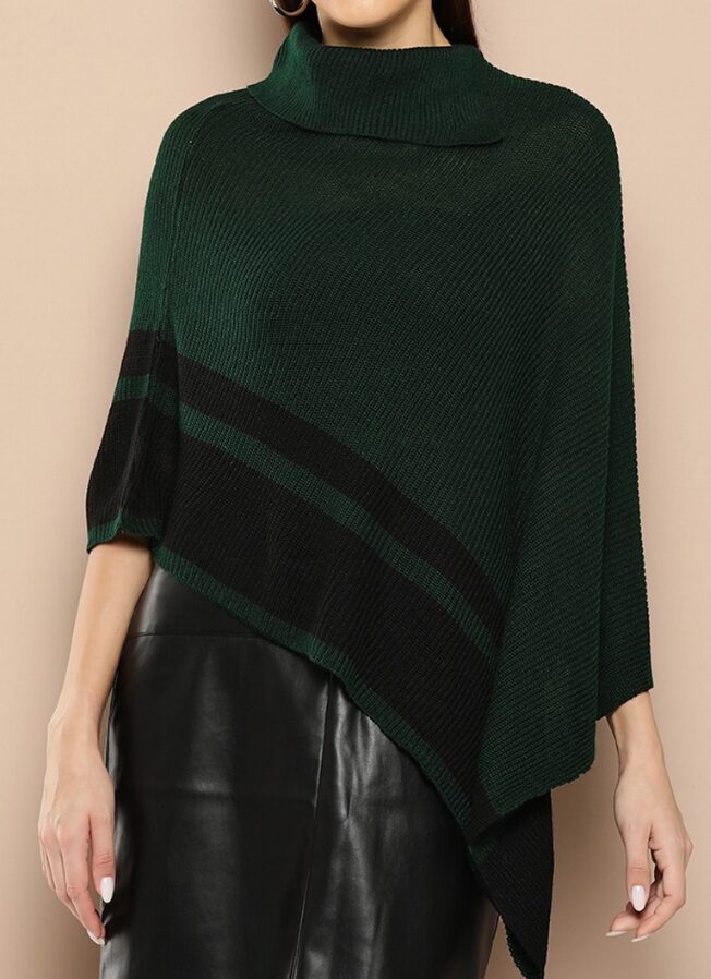 Chemistry Green Ribbed Striped Poncho on Myntra