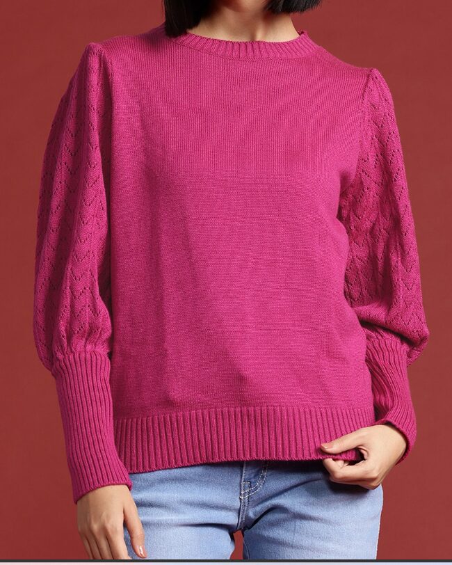 All About You Knitted Puff Sleeves Pullover on Myntra