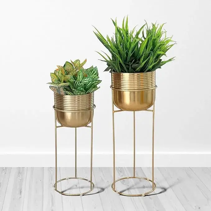 DECOR AVENUE Decorative Ribbed Gold Planters with Stands for Indoor Plants on Amazon India