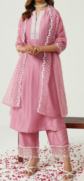 Floral Yoke Design Notch Neck Mirror Work A-Line Kurta on Myntra